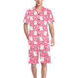 Maneki neko cat sakura pink background Men's V-Neck Short Pajama Set