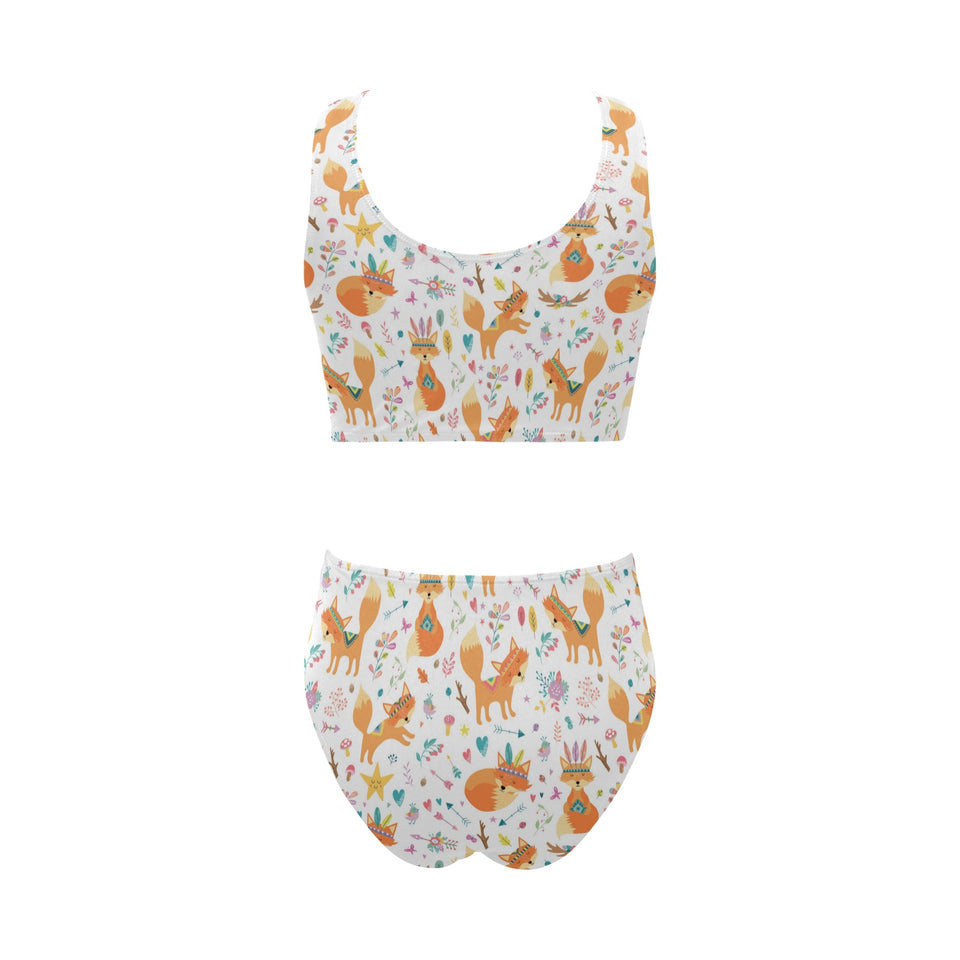 cute tribal fox pattern Chest Bowknot High Waisted Bikini Swimsuit