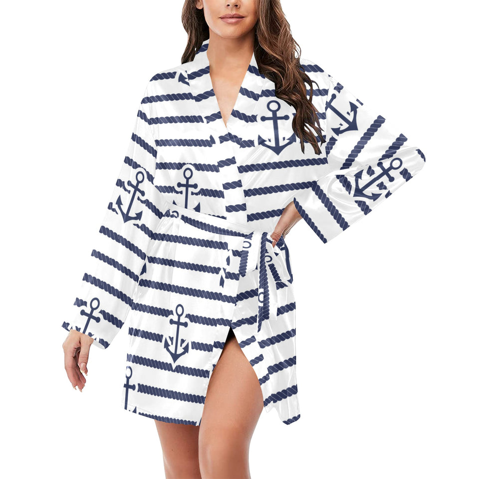 Anchor rope nautical pattern Women's Long Sleeve Belted Night Robe