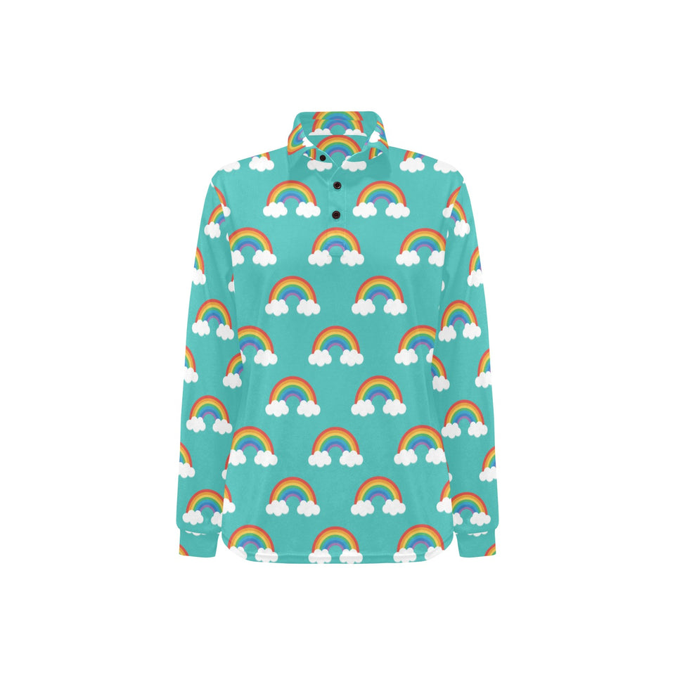 Rainbow pattern green background Women's Long Sleeve Polo Shirt