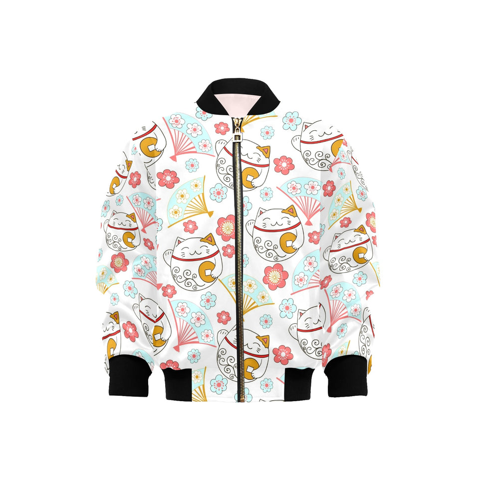 Maneki neko cat fan sakura Kids' Boys' Girls' Bomber Jacket