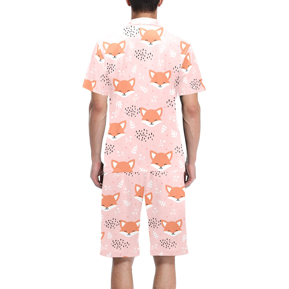 Cute fox pattern pink background Men's V-Neck Short Pajama Set