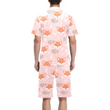 Cute fox pattern pink background Men's V-Neck Short Pajama Set