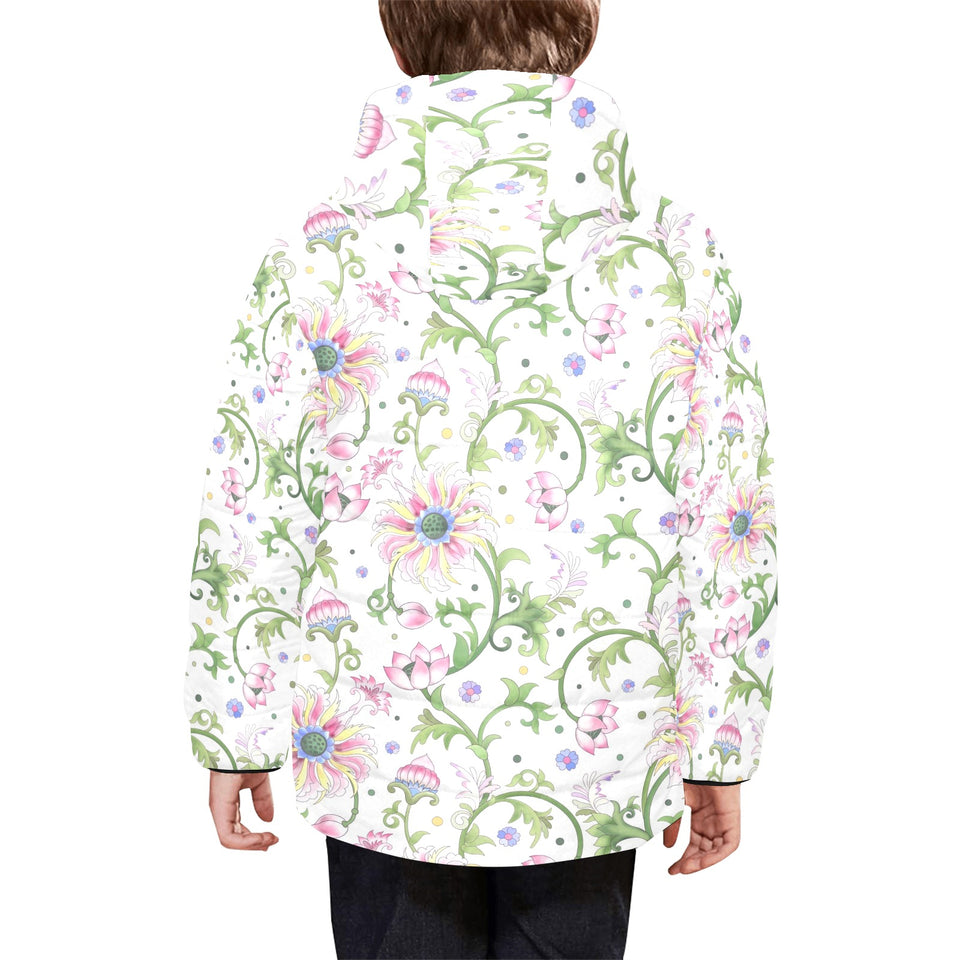 Beautiful pink lotus waterlily leaves pattern Kids' Boys' Girls' Padded Hooded Jacket