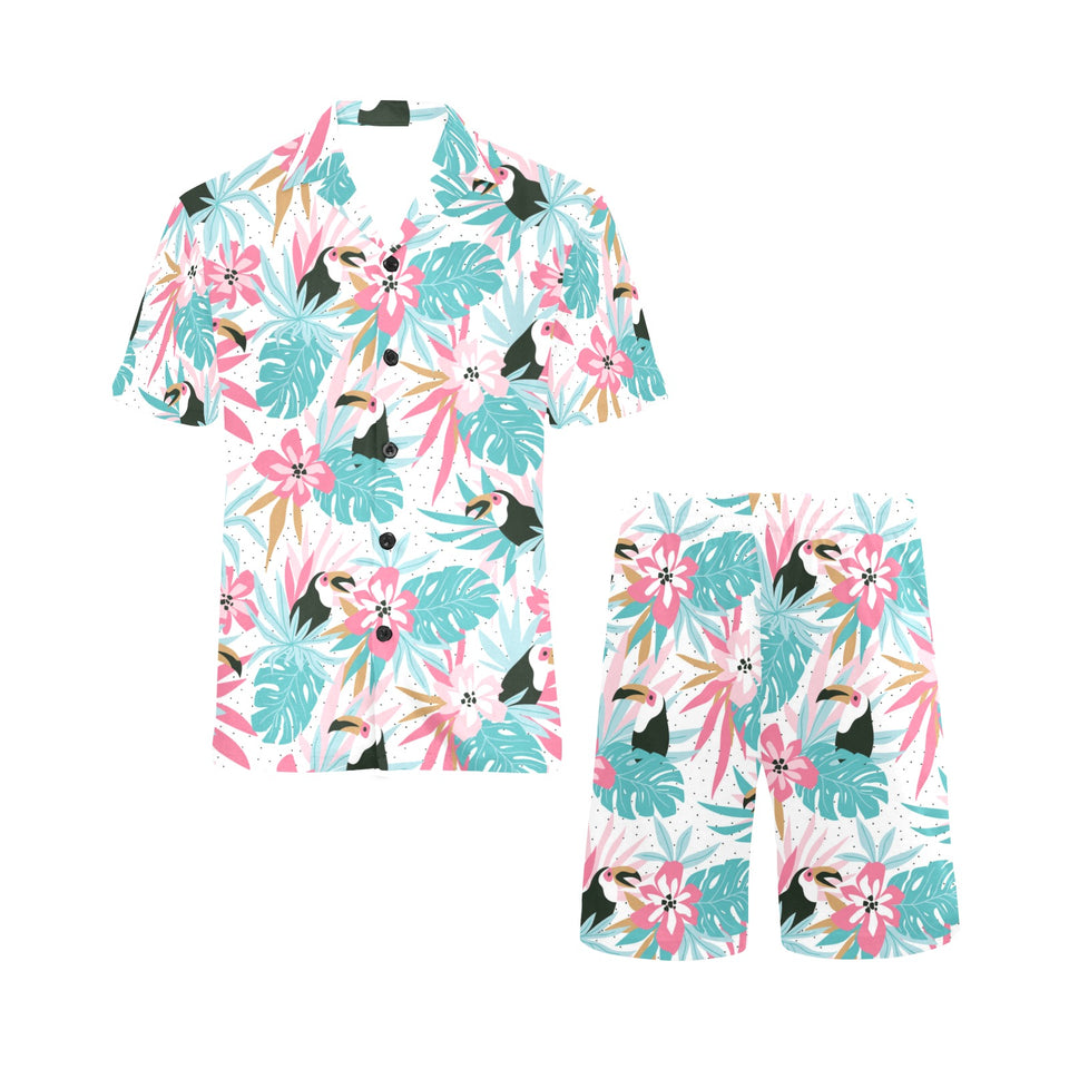 Toucan tropical flower leave pattern Men's V-Neck Short Pajama Set