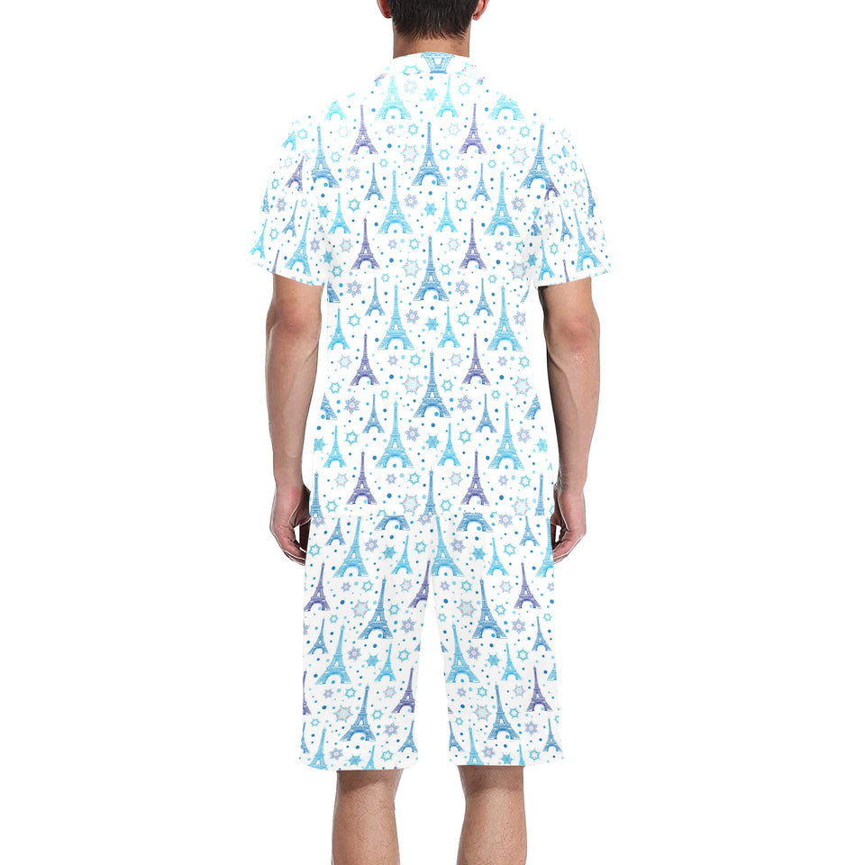 Blue Eiffel Tower Theme Pattern Print Design 01 Men's V-Neck Short Pajama Set
