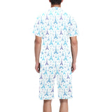 Blue Eiffel Tower Theme Pattern Print Design 01 Men's V-Neck Short Pajama Set