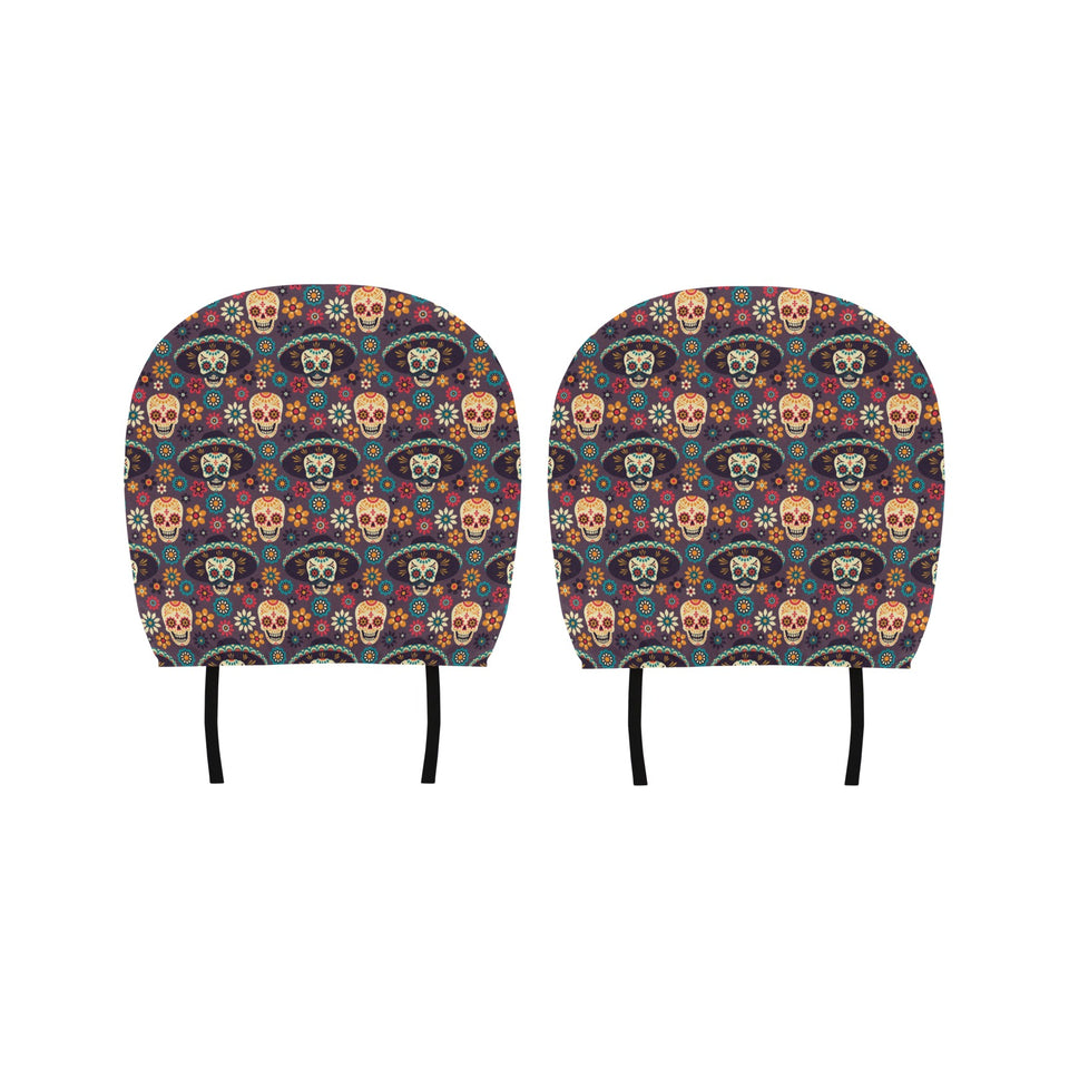 Sugar skulls flower maxican pattern Car Headrest Cover