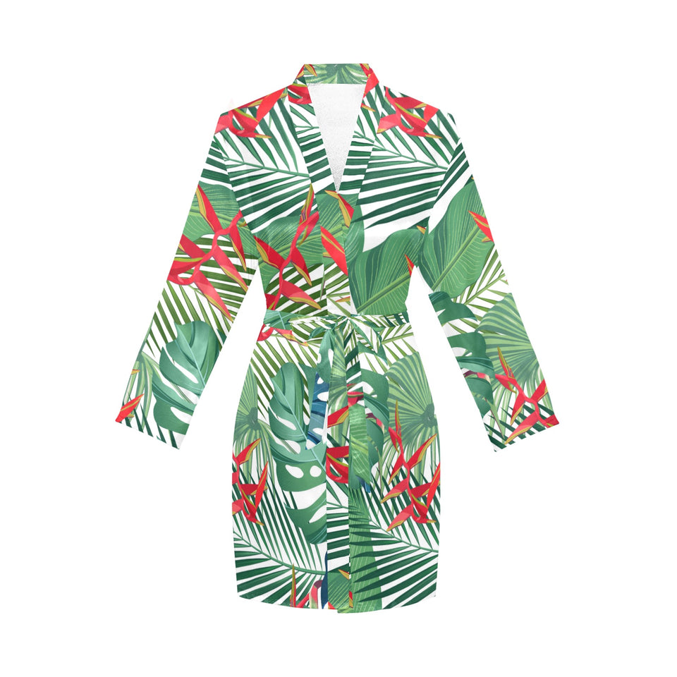 heliconia palm and monstera leaves pattern Women's Long Sleeve Belted Night Robe