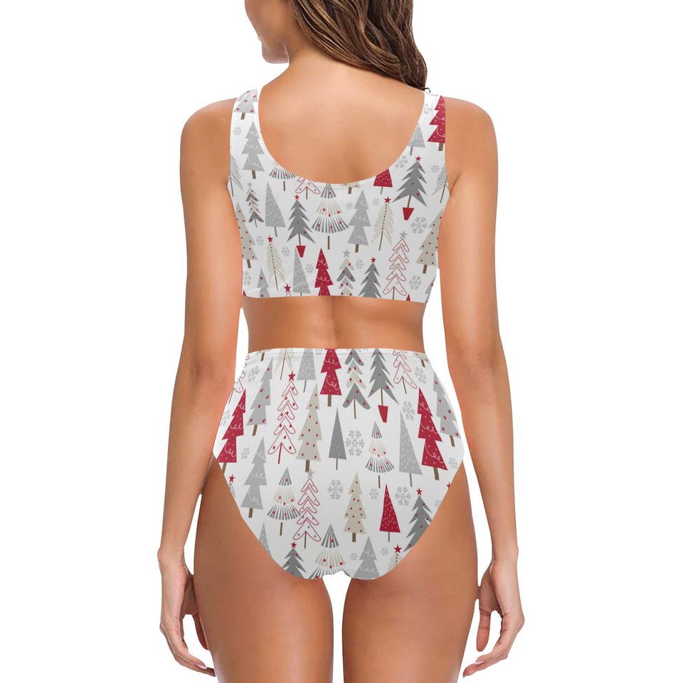 Cute Christmas tree pattern Chest Bowknot High Waisted Bikini Swimsuit