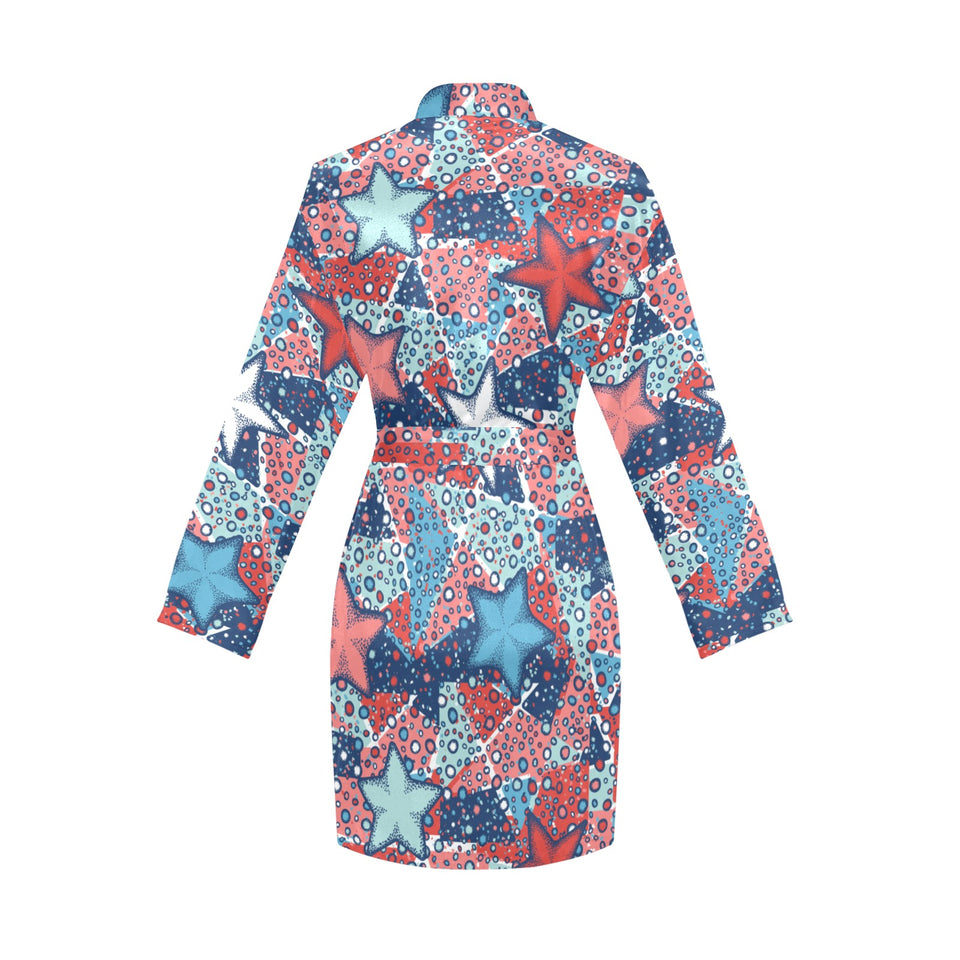 Hand drawn colorful starfish Women's Long Sleeve Belted Night Robe