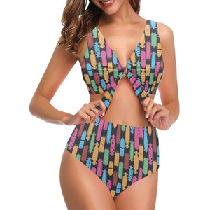Skate Board Pattern Print Design 02 Chest Bowknot High Waisted Bikini Swimsuit