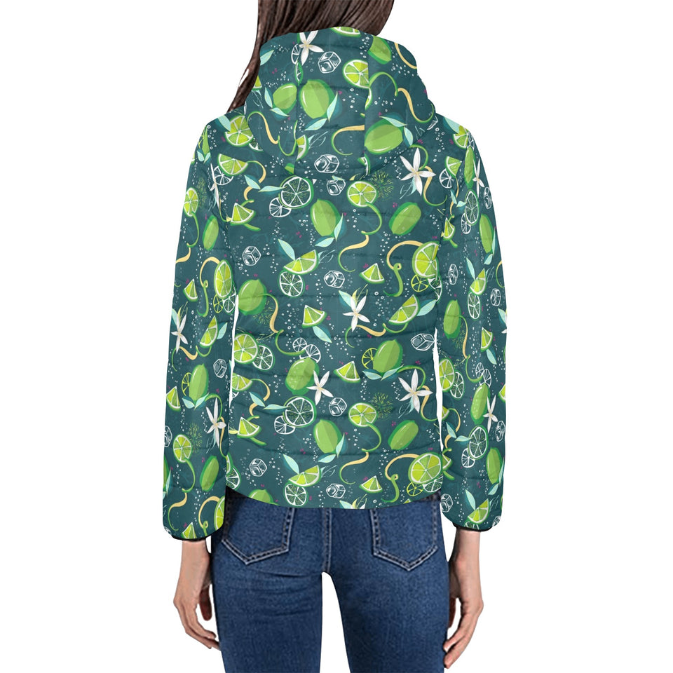 Lime ice flower pattern Women's Padded Hooded Jacket