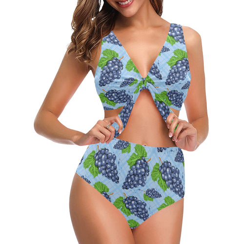 Watercolor grape pattern Chest Bowknot High Waisted Bikini Swimsuit