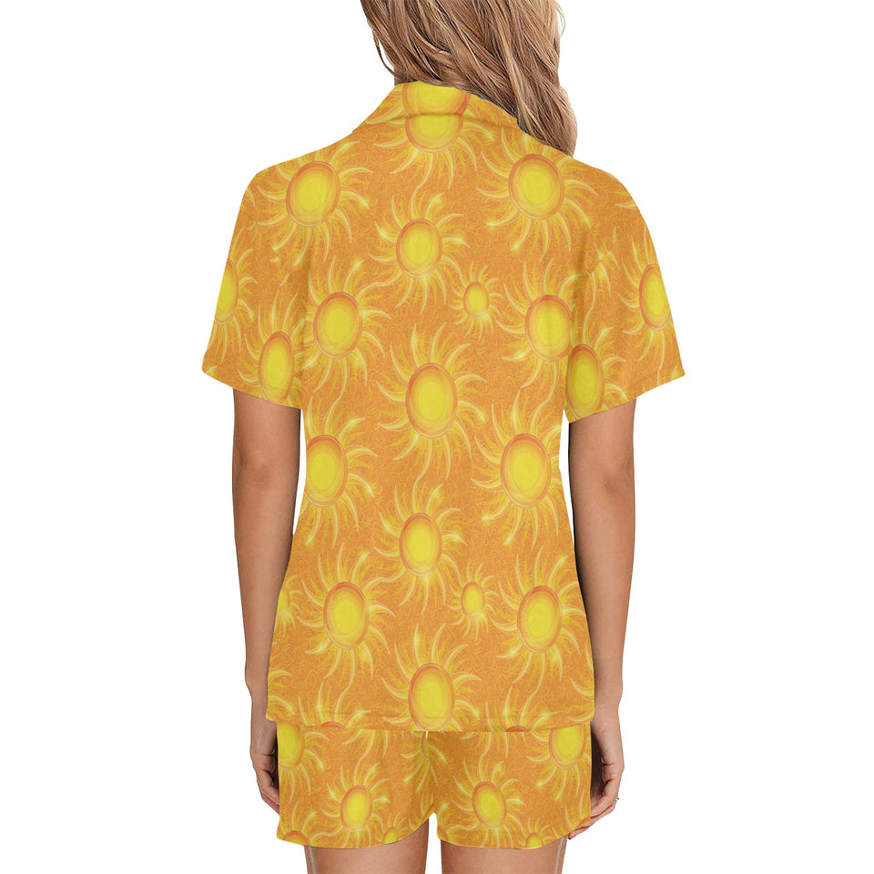 Sun orange background Women's V-Neck Short Pajama Set