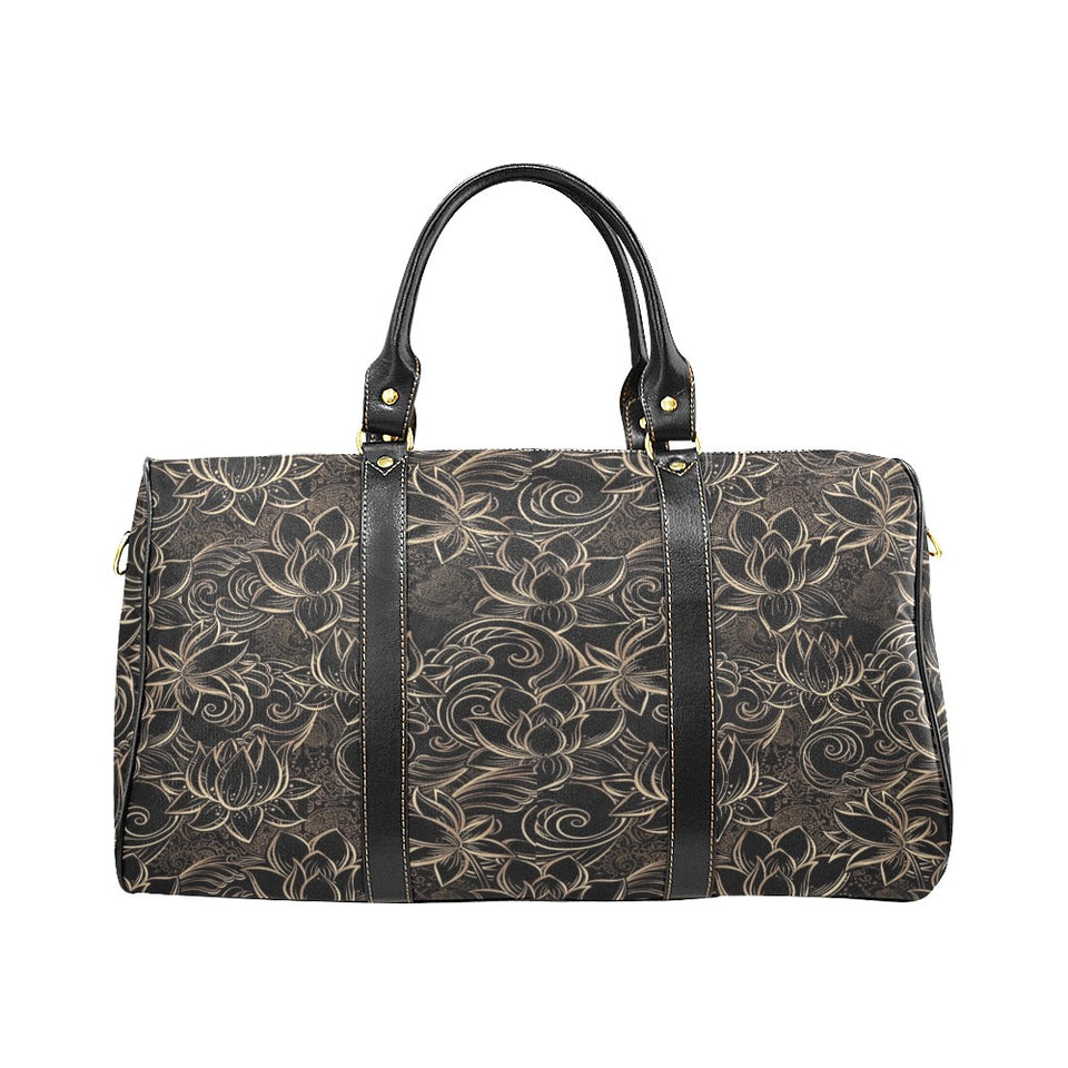 luxurious gold lotus waterlily black background Travel Bag