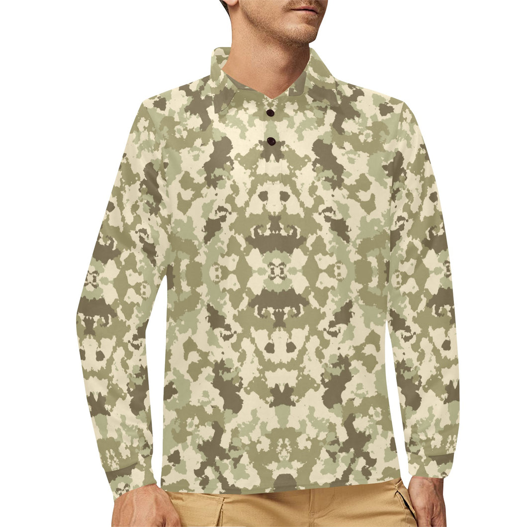 Light Green camouflage pattern Men's Long Sleeve Polo Shirt