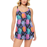 Pineapples pattern zigzag background Chest Sexy Pleated Two Piece Swim Dress