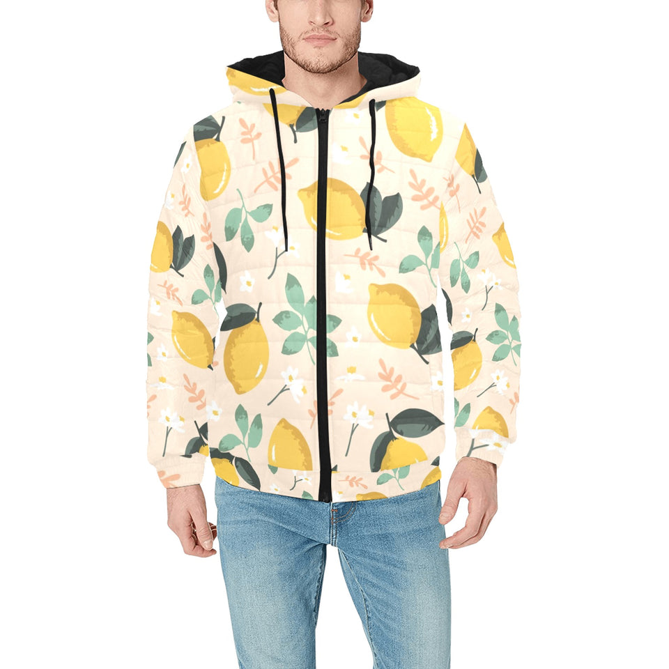 lemon flower leave pattern Men's Padded Hooded Jacket