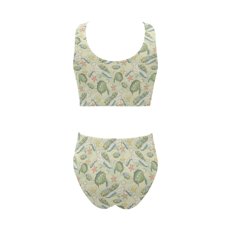 Hand drawn sea turtle fish pattern Chest Bowknot High Waisted Bikini Swimsuit