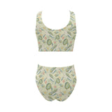 Hand drawn sea turtle fish pattern Chest Bowknot High Waisted Bikini Swimsuit