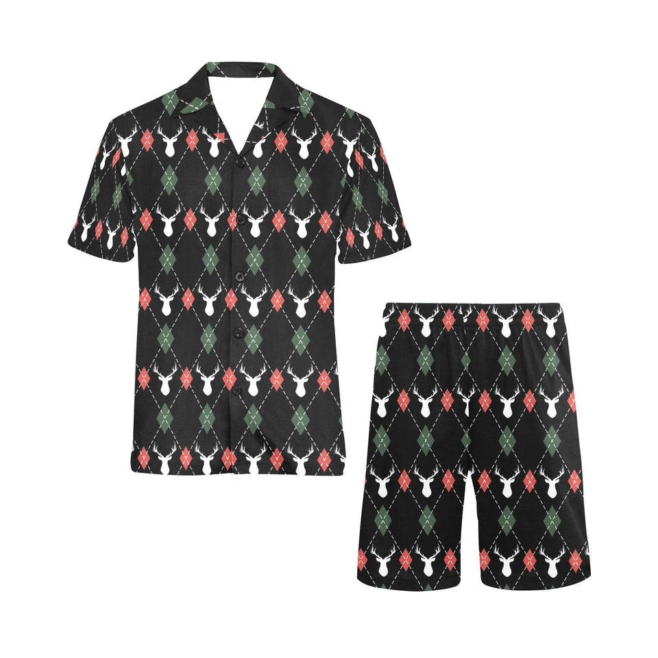 Deer Christmas new year pattern argyle Men's V-Neck Short Pajama Set
