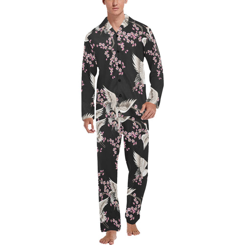 Japanese crane pink sakura pattern Men's Long Pajama Set