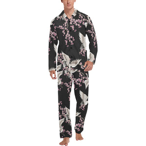 Japanese crane pink sakura pattern Men's Long Pajama Set