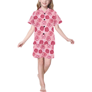 Rose Pattern Print Design 02 Kids' Boys' Girls' V-Neck Short Pajama Set