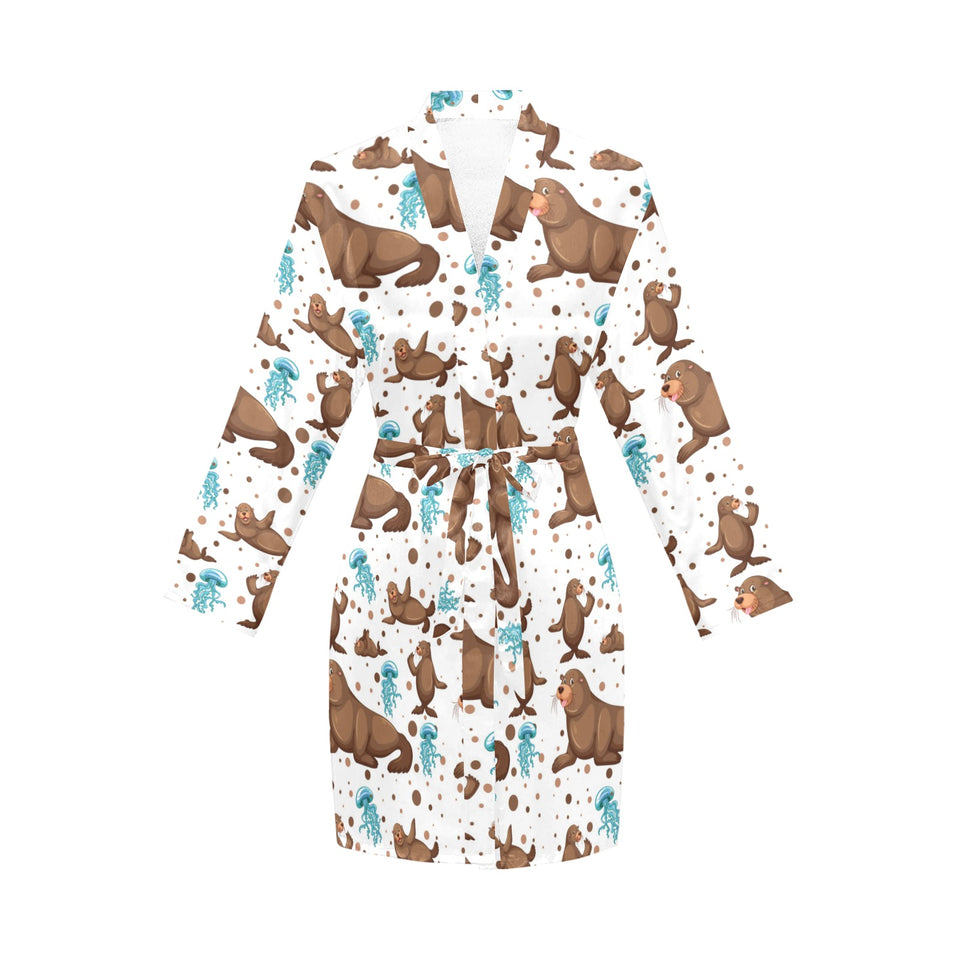 sea lion Seals jellyfish pattern Women's Long Sleeve Belted Night Robe