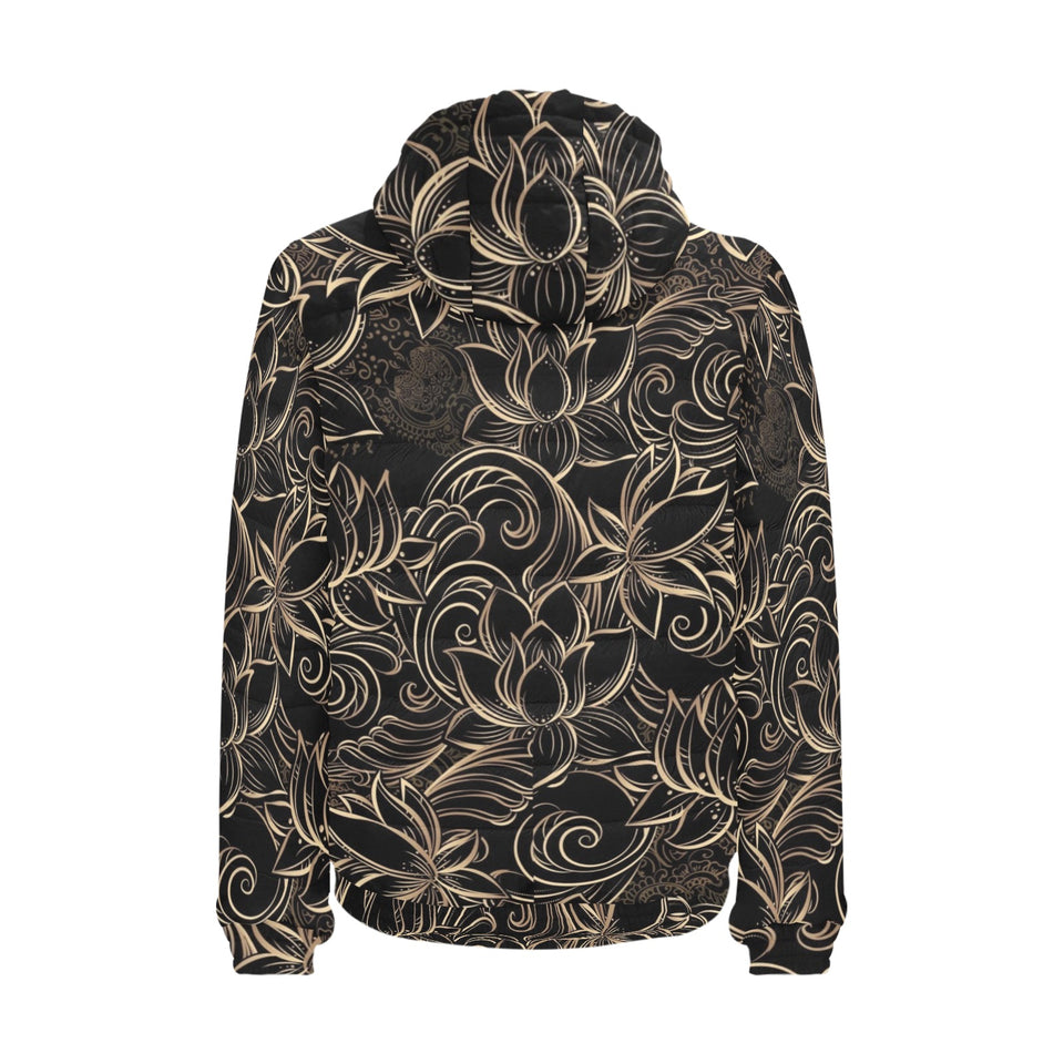 luxurious gold lotus waterlily black background Men's Padded Hooded Jacket