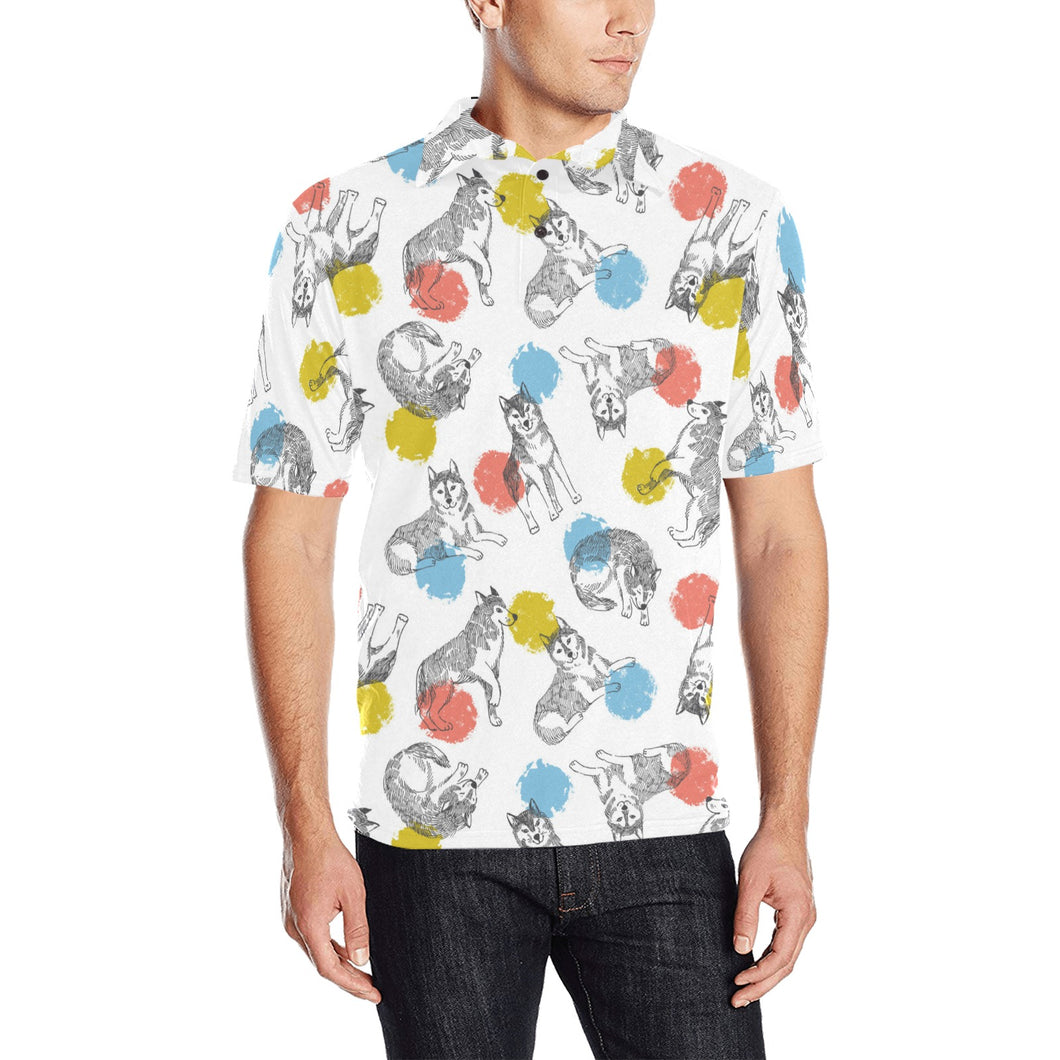 Siberian husky and colorful circle pattern Men's All Over Print Polo Shirt