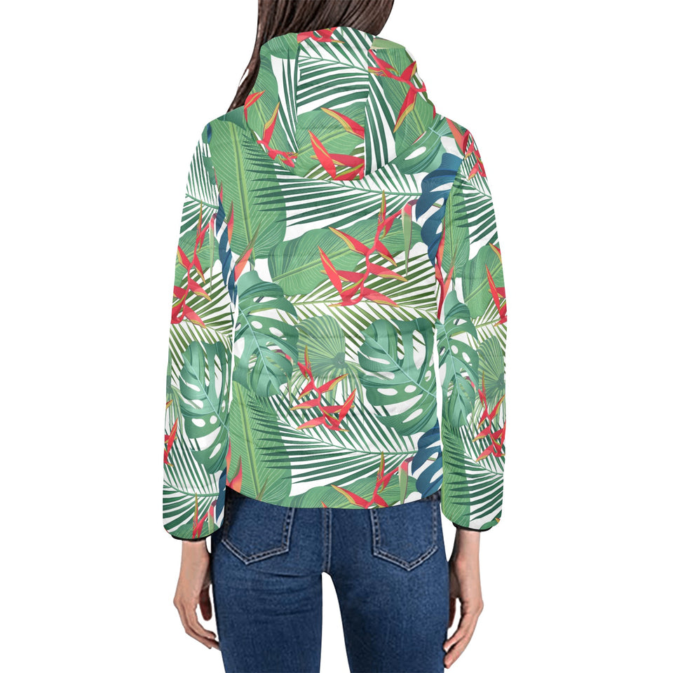 heliconia palm and monstera leaves pattern Women's Padded Hooded Jacket