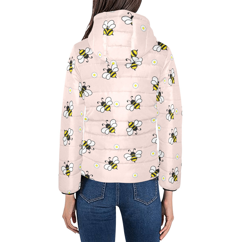 Cute bee flower pattern pink background Women's Padded Hooded Jacket