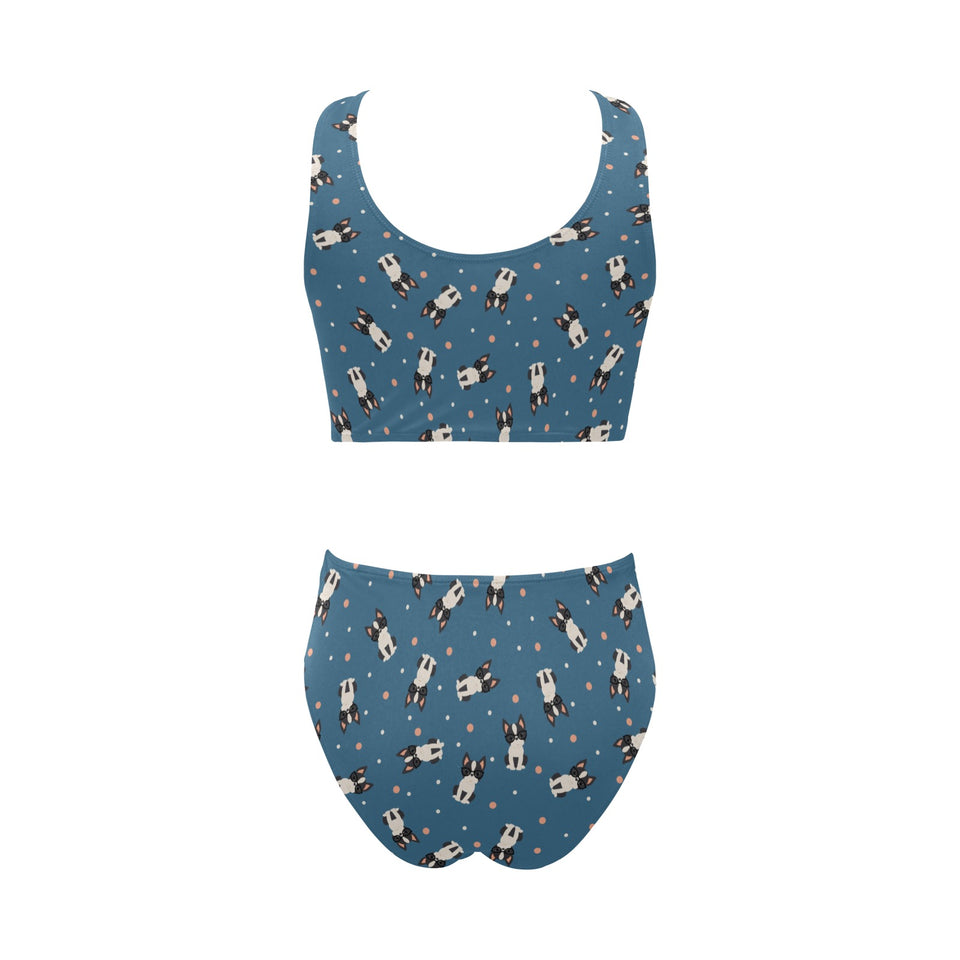 Cute boston terrier dog spattern Chest Bowknot High Waisted Bikini Swimsuit