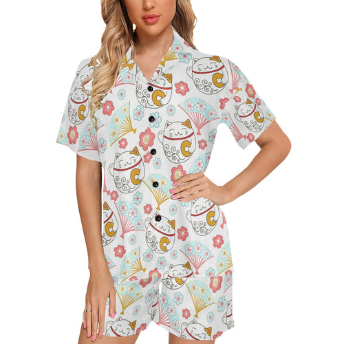 Maneki neko cat fan sakura Women's V-Neck Short Pajama Set