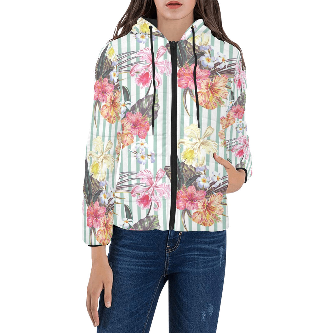 Colorful orchid flower pattern Women's Padded Hooded Jacket