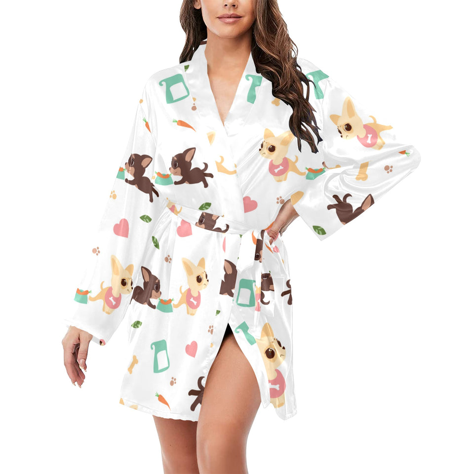 Cute Chihuahua puppie pattern Women's Long Sleeve Belted Night Robe