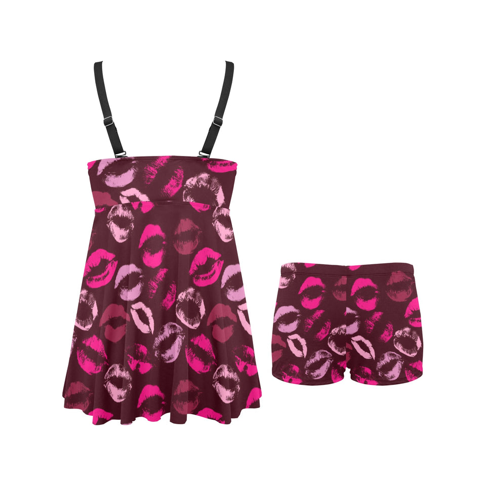 Lips Pattern Print Design 03 Chest Sexy Pleated Two Piece Swim Dress