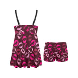 Lips Pattern Print Design 03 Chest Sexy Pleated Two Piece Swim Dress