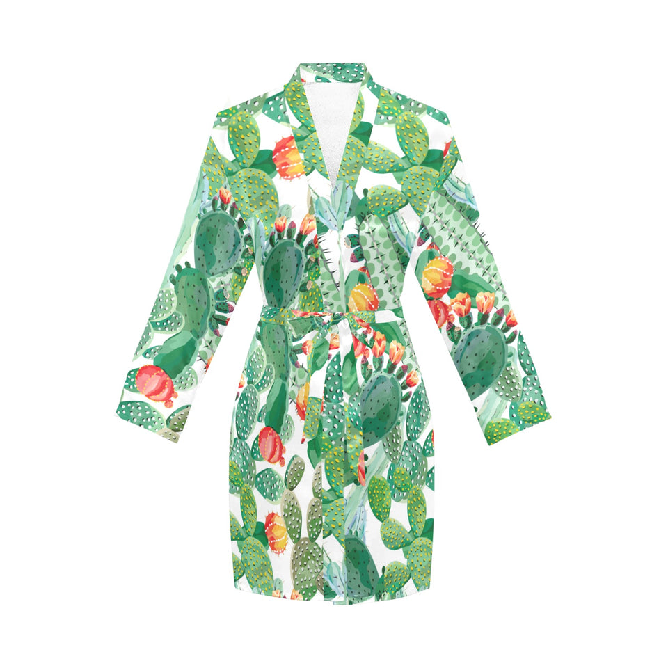 Cactus design pattern copy Women's Long Sleeve Belted Night Robe