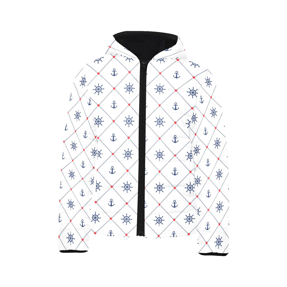 Anchor rudder nautical design pattern Kids' Boys' Girls' Padded Hooded Jacket