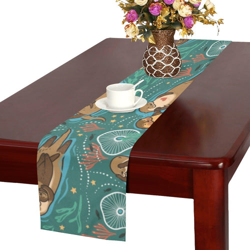 cute brown sea otters ornamental seaweed corals gr Table Runner