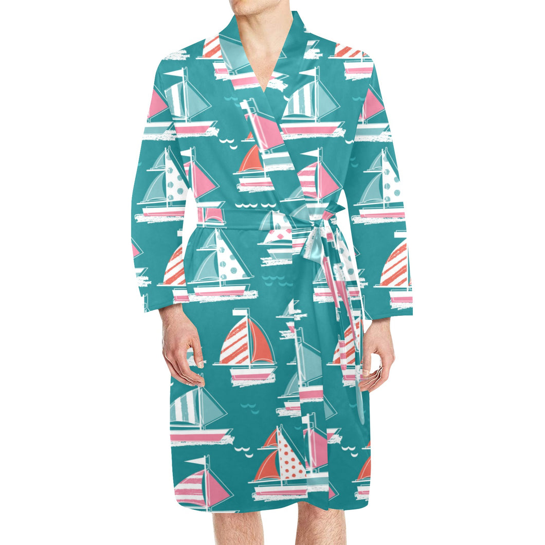 Cute sailboat pattern Men's Long Sleeve Belted Night Robe