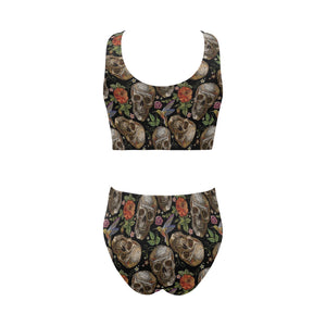 Skull rose humming bird flower pattern Chest Bowknot High Waisted Bikini Swimsuit