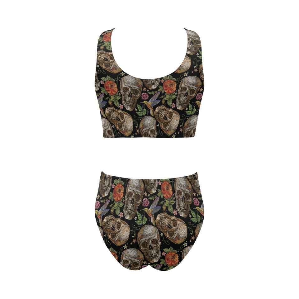 Skull rose humming bird flower pattern Chest Bowknot High Waisted Bikini Swimsuit