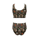 Skull rose humming bird flower pattern Chest Bowknot High Waisted Bikini Swimsuit