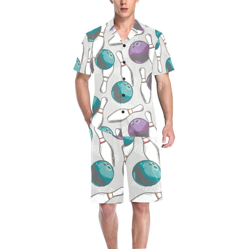 Bowling ball and pin gray background Men's V-Neck Short Pajama Set