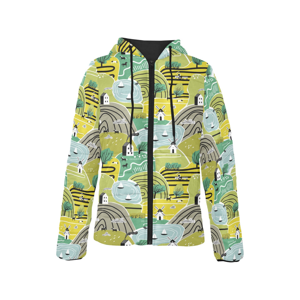 Hand drawn windmill pattern Women's Padded Hooded Jacket