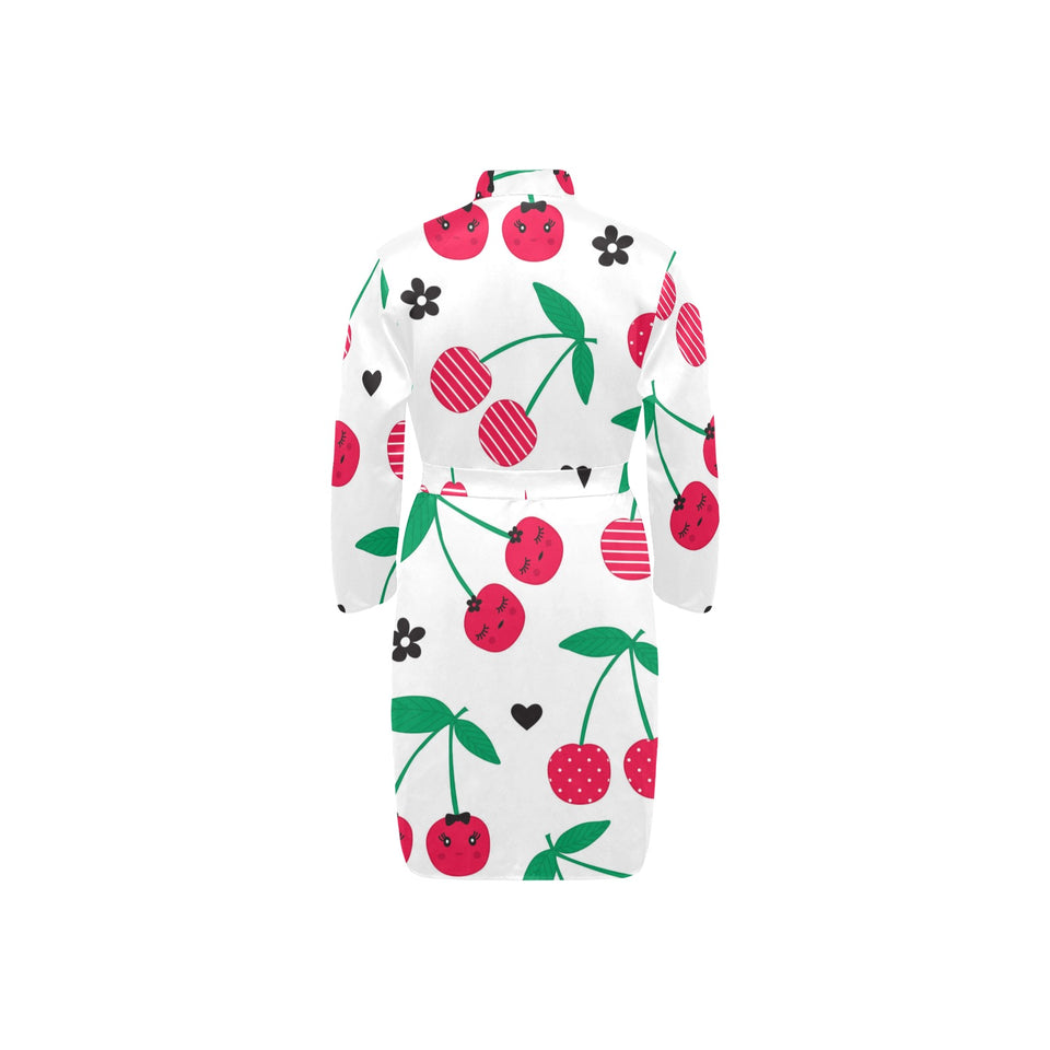 cherry pattern white background Men's Long Sleeve Belted Night Robe